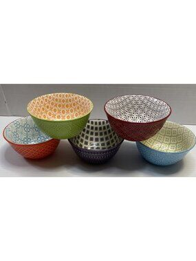 5 Signature Ceramic Snack Bowls Bright Colors Geometric Patterns - NEW & EUC